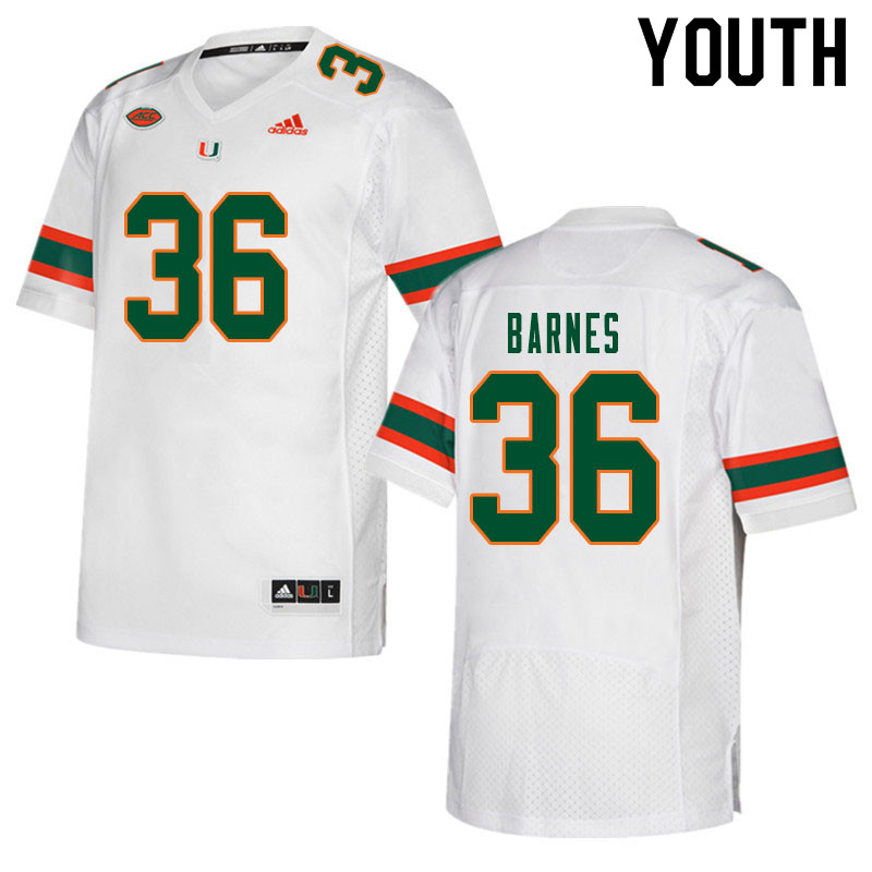 Youth #36 Andrew Barnes Miami Hurricanes College Football Jerseys Sale-White